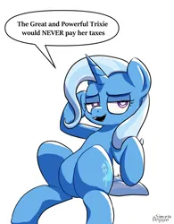 Size: 2000x2563 | Tagged: safe, artist:simpledoggo, derpibooru import, trixie, pony, unicorn, g4, featureless crotch, female, horn, image, looking at you, mare, png, simple background, sitting, solo, speech bubble, tax evasion, this will end in jail time, white background