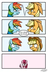 Size: 2000x3000 | Tagged: safe, artist:simpledoggo, derpibooru import, applejack, pinkie pie, rainbow dash, earth pony, pegasus, pony, g4, 4 panel comic, angry, appledash, applejack's hat, comic, cowboy hat, female, freckles, hand, hat, image, lesbian, mare, png, shipper on deck, shipping, simple background, speech bubble, surprised, thumbs up, trio fe, white background