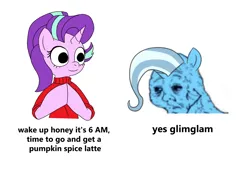 Size: 2574x1792 | Tagged: safe, artist:simpledoggo, derpibooru import, starlight glimmer, trixie, pony, unicorn, g4, clothes, dick flattening, duo, duo female, female, horn, image, lesbian, mare, meme, png, shipping, simple background, startrix, sweater, white background, wojak