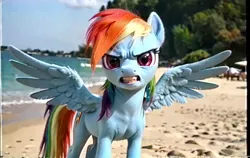 Size: 1216x768 | Tagged: safe, ai content, derpibooru import, machine learning generated, prompter:yuduz367, rainbow dash, pegasus, pony, g4, angry, beach, collage, cute, detailed, detailed background, female, image, lidded eyes, looking at you, mare, ocean, outdoors, png, realistic, smiling, solo, solo female, standing, vhs, water