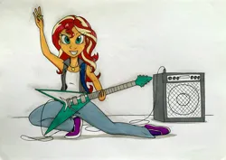 Size: 3500x2479 | Tagged: safe, artist:killerteddybear94, derpibooru import, sunset shimmer, human, equestria girls, g4, amplifier, clothes, denim, electric guitar, female, guitar, human female, image, jacket, jeans, jewelry, jpeg, musical instrument, necklace, pants, smiling, traditional art