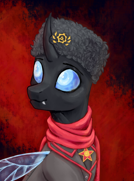 Size: 1560x2100 | Tagged: safe, artist:mr.catfish, derpibooru import, oc, oc:gold muffin, unofficial characters only, changeling, equestria at war mod, bust, communism, eaw redux, image, png, portrait, solo