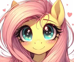 Size: 4096x3464 | Tagged: safe, ai content, anonymous prompter, machine learning generated, fluttershy, pegasus, pony, anime style, blushing, close-up, floating heart, floating hearts, generator:bing image creator, generator:dall-e 3, heart, image, png, simple background, solo, white background