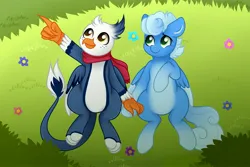 Size: 4096x2731 | Tagged: safe, artist:sweet cream, derpibooru import, oc, oc:cerulean skies, oc:windchaser, unofficial characters only, gryphon, pegasus, blue, bro, bush, chest fluff, clothes, cloud watching, feather, flower, grass, griffon oc, holding hands, holding hooves, hooves, image, jpeg, love, lying down, pegasus oc, pointing, relationship, scarf, talons, wings