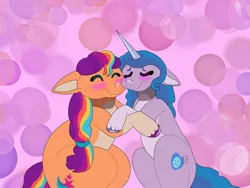 Size: 2048x1536 | Tagged: safe, artist:rinnapaws, derpibooru import, izzy moonbow, sunny starscout, earth pony, pony, unicorn, g5, abstract background, blushing, cheek to cheek, duo, duo female, eyes closed, female, horn, hug, image, jpeg, lesbian, mane stripe sunny, mare, nuzzling, ship:moonscout, shipping, unitober 2024