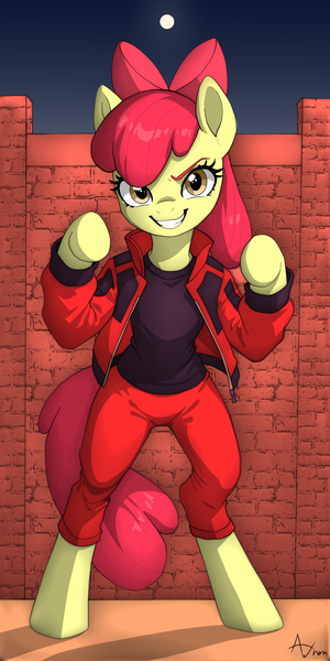 Size: 1024x2048 | Tagged: safe, artist:artesswren, derpibooru import, apple bloom, earth pony, pony, semi-anthro, g4, bipedal, crossover, drawtober, female, filly, foal, image, michael jackson, moon, png, solo, thriller, wall