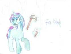 Size: 600x454 | Tagged: safe, artist:prismspark, derpibooru import, oc, oc:ice blade, unofficial characters only, pony, unicorn, colored pencil drawing, explorer, eye clipping through hair, glow, glowing horn, horn, ice, image, looking away, magic, mouth hold, notebook, old art, open mouth, pencil, png, raised hoof, simple background, telekinesis, traditional art, unicorn oc, white background