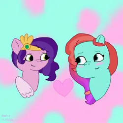 Size: 1280x1280 | Tagged: safe, artist:dawnie, derpibooru import, pipp petals, earth pony, pegasus, pony, g5, abstract background, blushing, duo, duo female, female, heart, image, jazz hooves, jpeg, lesbian, looking at each other, looking at someone, mare, ship:jazzpipp, shipping, unitober 2024