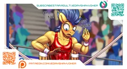 Size: 2943x1616 | Tagged: suggestive, artist:jedayskayvoker, derpibooru import, flash sentry, anthro, pony, advertisement, blushing, clothes, image, latex, latex suit, male, muscles, olympic games, olympics, parody, patreon, patreon logo, patreon preview, png, solo, solo male, sports, stallion, subscribestar preview