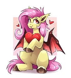 Size: 2314x2533 | Tagged: safe, artist:buvanybu, derpibooru import, fluttershy, bat pony, pegasus, pony, g4, bat ears, bat ponified, bat wings, ear tufts, flutterbat, heart, hoof hold, image, leg fluff, partially open wings, png, race swap, red eyes, sitting, unshorn fetlocks, wings