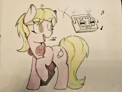 Size: 4000x3000 | Tagged: safe, alternate version, artist:gean, derpibooru import, edit, lemon zest, earth pony, parasprite, boombox, colored, emanata, headphones, image, jpeg, traditional art