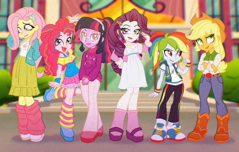 Size: 2544x1619 | Tagged: safe, artist:byefella, derpibooru import, applejack, fluttershy, pinkie pie, rainbow dash, rarity, sci-twi, twilight sparkle, human, equestria girls, g4, arm behind back, arm behind head, boots, canterlot high, clothes, cowboy boots, crossed arms, denim, dress, female, glasses, height difference, high res, humane five, humane six, image, jacket, jeans, jewelry, leg warmers, looking at you, open mouth, open smile, pants, png, ring, round glasses, sandals, shoes, skirt, smiling, smiling at you, smoldash, sneakers, socks, standing, standing on one leg, striped leg warmers, sweater, sweatpants, tallershy