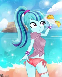 Size: 2625x3221 | Tagged: suggestive, artist:charliexe, ponerpics import, sonata dusk, equestria girls, beach, bikini, bikini bottom, breasts, clothes, female, food, image, jpeg, solo, solo female, swimsuit, taco