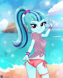 Size: 2625x3221 | Tagged: suggestive, artist:charliexe, ponerpics import, sonata dusk, equestria girls, beach, bikini, bikini bottom, breasts, clothes, female, image, jpeg, looking back, solo, solo female, swimsuit