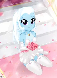 Size: 2278x3131 | Tagged: safe, artist:charliexe, ponerpics import, trixie, equestria girls, breasts, clothes, dress, evening gloves, female, flats, flower, gloves, image, jpeg, long gloves, rose, shoes, socks, solo, solo female, stockings, thigh highs, wedding dress