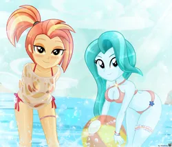 Size: 3106x2655 | Tagged: suggestive, artist:charliexe, ponerpics import, lighthoof, shimmy shake, equestria girls, beach, bikini, bikini bottom, breasts, clothes, duo, duo female, female, image, jpeg, looking at you, swimsuit, wet clothes, wet shirt