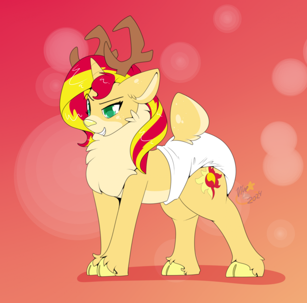 Size: 1933x1906 | Tagged: safe, artist:maynara, derpibooru import, sunset shimmer, deer, deer pony, hybrid, original species, g4, cloven hooves, deerified, diaper, diaper fetish, female, fetish, image, non-baby in diaper, png, solo, species swap, unshorn fetlocks