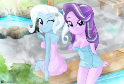 Size: 3695x2516 | Tagged: safe, artist:charliexe, ponerpics import, starlight glimmer, trixie, equestria girls, breasts, covering, duo, duo female, female, image, jpeg, looking at you, one eye closed, towel