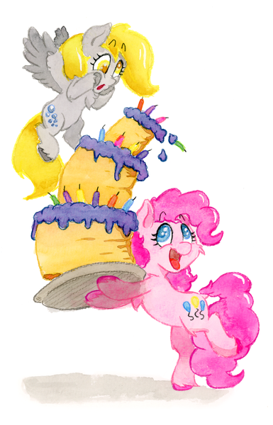 Size: 791x1233 | Tagged: safe, artist:lost marbles, derpibooru import, derpy hooves, pinkie pie, earth pony, pegasus, pony, g4, anniversary, cake, candle, cutie mark, food, image, png, simple background, traditional art, white background