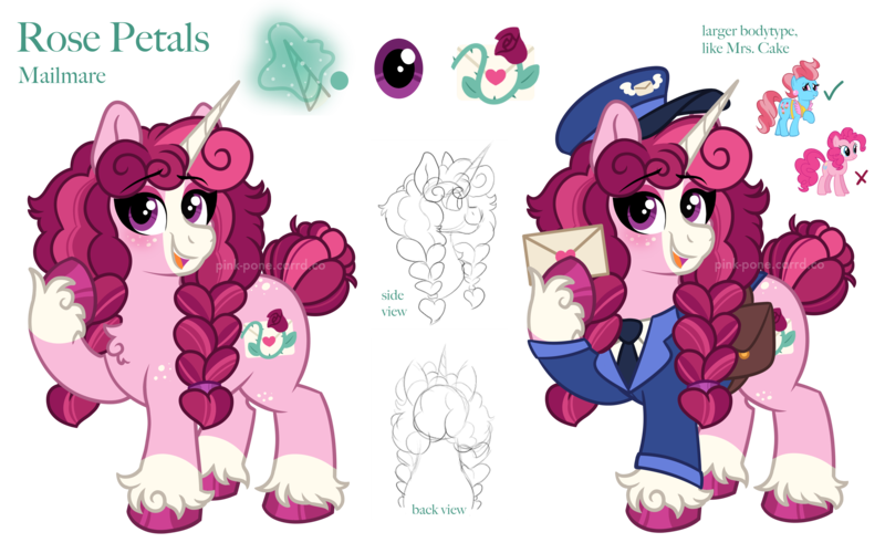 Size: 4000x2500 | Tagged: safe, artist:pink-pone, derpibooru import, cup cake, pinkie pie, oc, oc:rose petals, unofficial characters only, earth pony, pony, unicorn, horn, image, mailmare, png, reference sheet, simple background, solo, transparent background, unicorn oc