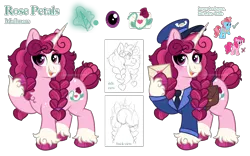 Size: 4000x2500 | Tagged: safe, artist:pink-pone, derpibooru import, cup cake, pinkie pie, oc, oc:rose petals, unofficial characters only, earth pony, pony, unicorn, horn, image, mailmare, png, reference sheet, simple background, solo, transparent background, unicorn oc