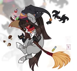 Size: 1580x1464 | Tagged: safe, artist:shallarts, derpibooru import, oc, oc:ohasu, unofficial characters only, bat, cat, earth pony, pony, black cat, broom, commission, eyepatch, female, grin, hat, image, mare, markings, mask, mlp fim's fourteenth anniversary, mushrooms, nightmare night, png, simple background, smiling, solo, tattoo, white background, witch, witch hat, ych result