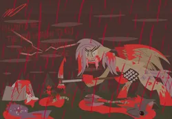 Size: 6500x4500 | Tagged: grimdark, artist:pres_marshmellow, derpibooru import, fluttershy, pegasus, pony, blood, hammer, image, metal, png, rain, slayer