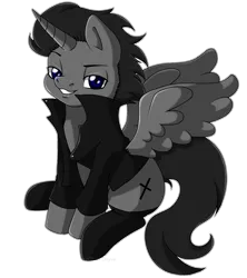 Size: 1276x1434 | Tagged: safe, derpibooru import, oc, oc:black cross, unofficial characters only, alicorn, pony, boots, clothes, crucifix, grin, image, jacket, male, png, shoes, signature, simple background, sitting, smiling, solo, stallion, transparent background, wings