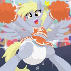 Size: 1200x1200 | Tagged: suggestive, artist:nineplusten, derpibooru import, derpy hooves, pony, air pushed out of diaper, cheerleader, cheerleader outfit, clothes, diaper, diaper fetish, fetish, image, jpeg, pom pom, poofy diaper, skirt, upskirt