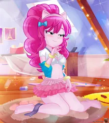 Size: 3007x3382 | Tagged: suggestive, artist:charliexe, ponerpics import, pinkie pie, equestria girls, bra, breasts, clothes, feet, female, image, jpeg, looking at you, skirt, solo, solo female, underwear, white bra