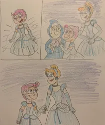 Size: 3024x3591 | Tagged: safe, artist:13mcjunkinm, derpibooru import, scootaloo, human, equestria girls, g4, adopted, adopted daughter, adopted offspring, amazed, choker, cinderella, clothes, comic, crossover, cute, cutealoo, dialogue in the description, dress, evening gloves, fairy godmother, female, gloves, gown, hair bun, hairband, hands together, holding hands, image, jpeg, lipstick, long gloves, looking at each other, looking at someone, mother and child, mother and daughter, open mouth, open smile, poofy shoulders, scootadoption, scootalove, smiling, smiling at each other, transforming clothes, trio