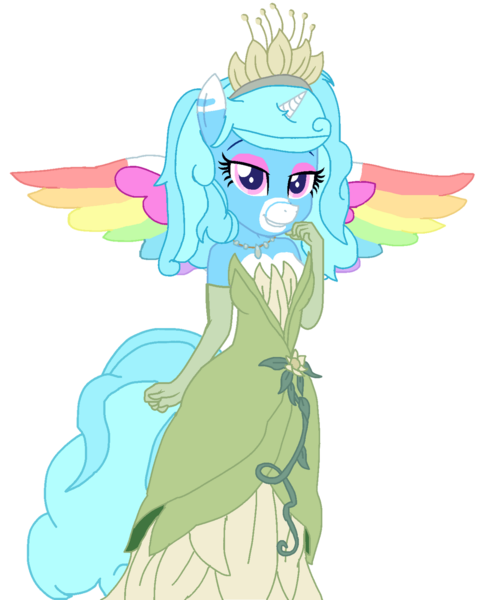 Size: 1280x1569 | Tagged: safe, artist:mlp-headstrong, derpibooru import, oc, oc:jemimasparkle, alicorn, anthro, pony, base used, clothes, colored wings, cute, dress, evening gloves, eyeshadow, female, gloves, gown, grin, image, jewelry, lidded eyes, long gloves, makeup, multicolored wings, necklace, ocbetes, png, rainbow wings, smiling, solo, the princess and the frog, tiana, tiara, wings