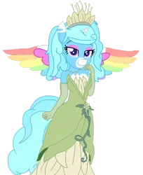 Size: 1280x1569 | Tagged: safe, artist:mlp-headstrong, derpibooru import, oc, oc:jemimasparkle, alicorn, anthro, pony, base used, clothes, colored wings, cute, dress, evening gloves, eyeshadow, female, gloves, gown, grin, image, jewelry, lidded eyes, long gloves, makeup, multicolored wings, necklace, ocbetes, png, rainbow wings, smiling, solo, the princess and the frog, tiana, tiara, wings