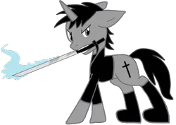 Size: 558x395 | Tagged: safe, artist:ruchiyoto, derpibooru import, oc, oc:black cross, unofficial characters only, pony, unicorn, base used, clothes, horn, image, male, png, simple background, solo, stallion, sword, sword in mouth, weapon, white background