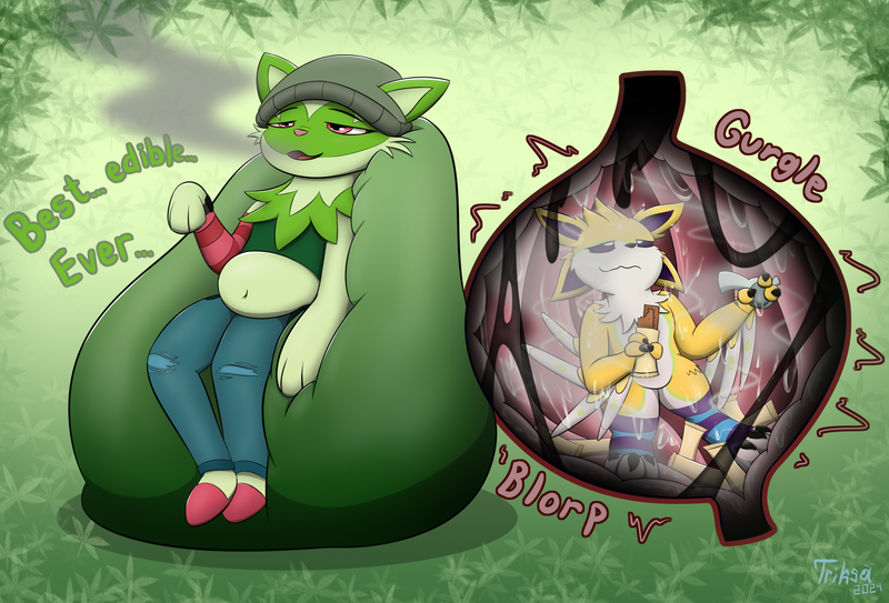 Size: 2133x1449 | Tagged: questionable, artist:triksa, derpibooru import, oc, beanbag chair, bong, cookie, drugs, food, image, internal, marijuana, no pony, non-mlp oc, non-pony oc, png, pokémon, relaxing, slimy, smoke, stomach noise, vore