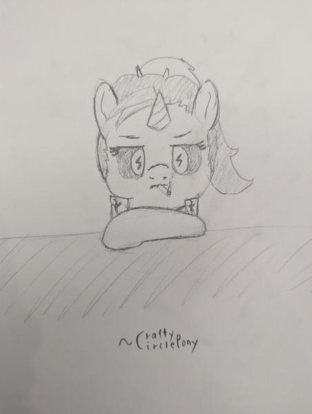 Size: 3072x4080 | Tagged: safe, artist:craftycirclepony, derpibooru import, oc, oc:dyx, unofficial characters only, pony, unicorn, cigarette, clothes, female, filly, foal, horn, image, jacket, jpeg, leaning, leaning on table, looking at you, pencil drawing, sketch, solo, traditional art, unamused