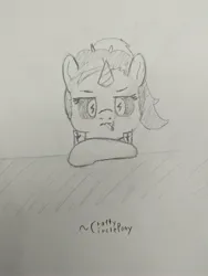 Size: 3072x4080 | Tagged: safe, artist:craftycirclepony, derpibooru import, oc, oc:dyx, unofficial characters only, pony, unicorn, cigarette, clothes, female, filly, foal, horn, image, jacket, jpeg, leaning, leaning on table, looking at you, pencil drawing, sketch, solo, traditional art, unamused