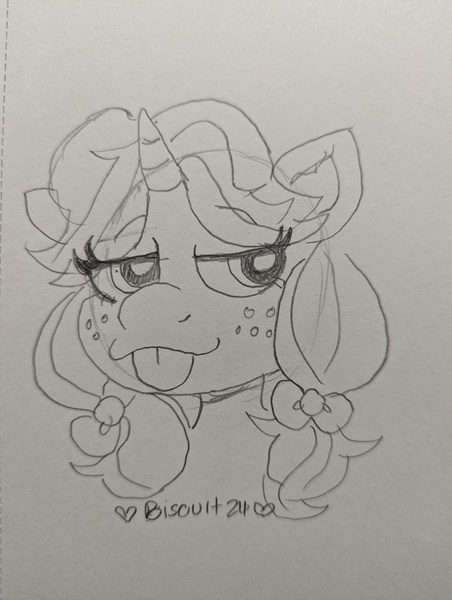 Size: 3072x4080 | Tagged: safe, artist:biscuit, derpibooru import, oc, oc:crafty circles, unofficial characters only, pony, unicorn, :p, bow, bust, cute, female, filly, foal, freckles, hair bow, horn, image, jpeg, lidded eyes, looking at you, pencil drawing, solo, tongue out, traditional art