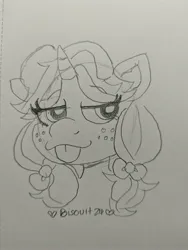 Size: 3072x4080 | Tagged: safe, artist:biscuit, derpibooru import, oc, oc:crafty circles, unofficial characters only, pony, unicorn, :p, bow, bust, cute, female, filly, foal, freckles, hair bow, horn, image, jpeg, lidded eyes, looking at you, pencil drawing, solo, tongue out, traditional art