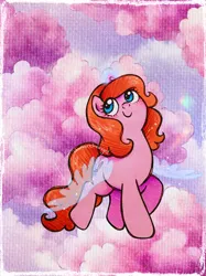 Size: 2248x3000 | Tagged: safe, artist:dariarchangel, derpibooru import, oc, oc:dazha, unofficial characters only, pony, unicorn, g4, adorable face, artificial wings, augmented, blue eyes, blushing, c:, cloud, cute, cute face, cute smile, female, female oc, flying, glow, glowing horn, hairband, horn, image, in the clouds, in the sky, jpeg, looking up, magic, magic aura, magic wings, mare, ocbetes, orange hair, orange mane, orange tail, pink cloud, pink coat, pony oc, redhead, sky, small horn, smiling, smol, solo, sparkles, sweet dreams fuel, tail, too cute, traditional art, transparent wings, unicorn oc, wavy hair, wavy mane, wavy tail, weapons-grade cute, wings