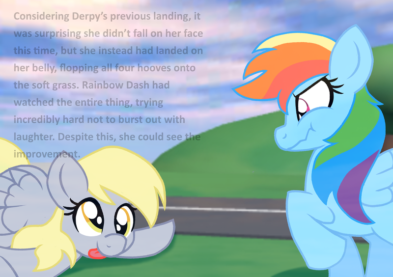 Size: 2555x1800 | Tagged: safe, artist:chaosimp2006, derpibooru import, derpy hooves, rainbow dash, pegasus, g4, background, duo, female, image, lying down, narration, png, raised hoof, roblox, show accurate, stifling laughter