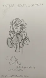 Size: 2431x4080 | Tagged: safe, derpibooru import, oc, oc:crafty circles, unofficial characters only, pony, unicorn, :t, bow, cute, eyebrows, female, filly, foal, hair bow, horn, image, jpeg, looksmaxxing, pencil drawing, raised eyebrow, raised leg, scrunchy face, sigma mare, sketch, solo, tail, tail bow, traditional art, vine boom