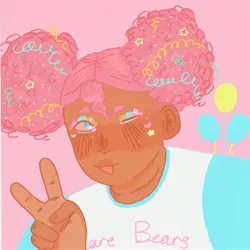 Size: 3224x3224 | Tagged: safe, artist:flutternutters, derpibooru import, pinkie pie, human, :p, afro puffs, alternate hairstyle, care bears, clothes, cute, dark skin, diapinkes, eyeshadow, female, humanized, image, jpeg, makeup, one eye closed, peace sign, pink background, shirt, simple background, solo, tongue out, wink