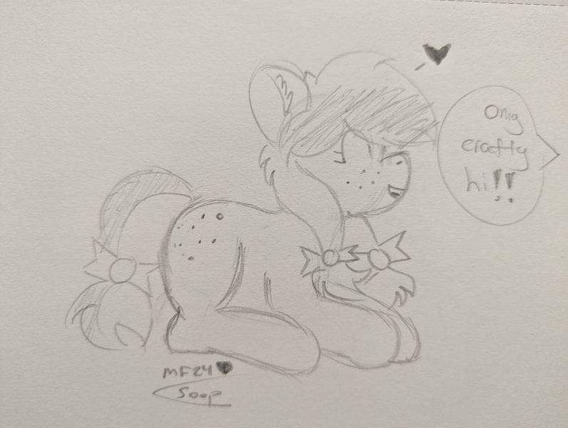 Size: 4080x3072 | Tagged: safe, derpibooru import, oc, oc:crafty circles, unofficial characters only, pony, unicorn, ^^, bow, butt freckles, cute, dialogue, ear fluff, eyes closed, female, filly, foal, freckles, hair bow, happy, heart, horn, image, jpeg, lying down, offscreen character, open mouth, pencil drawing, prone, sketch, solo, tail, tail bow, traditional art