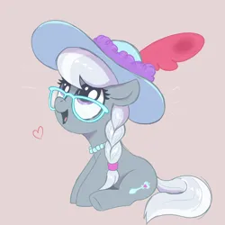 Size: 2400x2400 | Tagged: safe, artist:t72b, derpibooru import, silver spoon, earth pony, pony, braid, cute, feather, female, filly, flower, foal, glasses, happy, hat, image, jewelry, necklace, open mouth, open smile, pearl necklace, png, silverbetes, simple background, sitting, smiling, sun hat