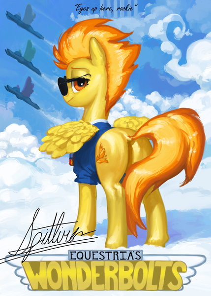 Size: 1500x2100 | Tagged: safe, artist:redruin01, derpibooru import, spitfire, pegasus, pony, g4, butt, female, firebutt, image, looking at you, looking back, looking back at you, mare, my eyes are up here, pinup, plot, png, poster, solo focus, spread wings, sunglasses, wings