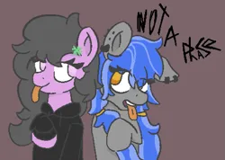 Size: 1063x758 | Tagged: safe, artist:trash mare, derpibooru import, oc, oc:doomy gloom, unofficial characters only, earth pony, pegasus, pony, clothes, duo, ear piercing, female, females only, hoodie, image, looking at each other, looking at someone, mare, open mouth, piercing, png, simple background, text, tongue out