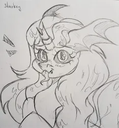 Size: 1914x2049 | Tagged: safe, artist:starkey, derpibooru import, oc, changeling, mouse, unicorn, broken horn, changeling oc, fangs, half body, horn, image, jpeg, smiling, sticking out tongue, tongue out, traditional art