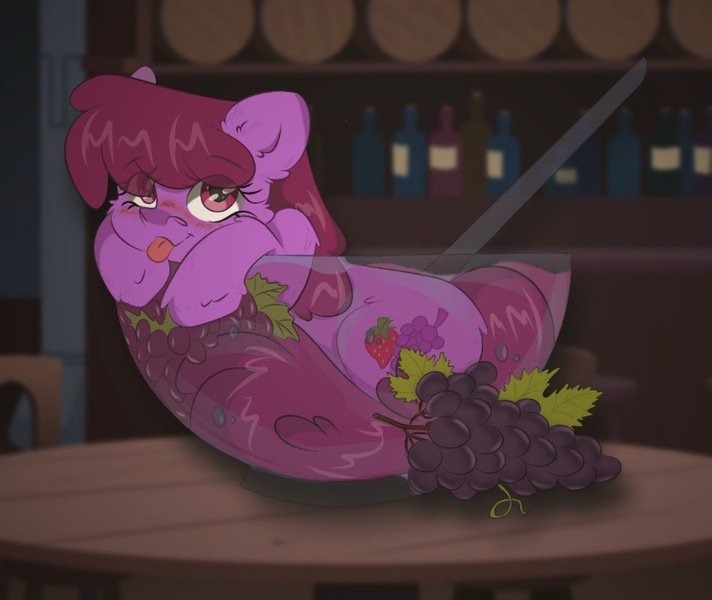 Size: 1281x1080 | Tagged: safe, artist:starkey, derpibooru import, berry punch, berryshine, grape stem, earth pony, pony, background, drink, ear fluff, fluffy, food, grapes, image, indoors, jpeg, plate, punch (drink), punch bowl, smiling, tongue out