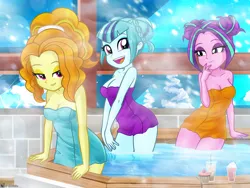 Size: 4000x3000 | Tagged: suggestive, artist:charliexe, ponerpics import, adagio dazzle, aria blaze, sonata dusk, equestria girls, breasts, clothes, covering, female, image, jpeg, sauna, the dazzlings, towel, trio, trio female